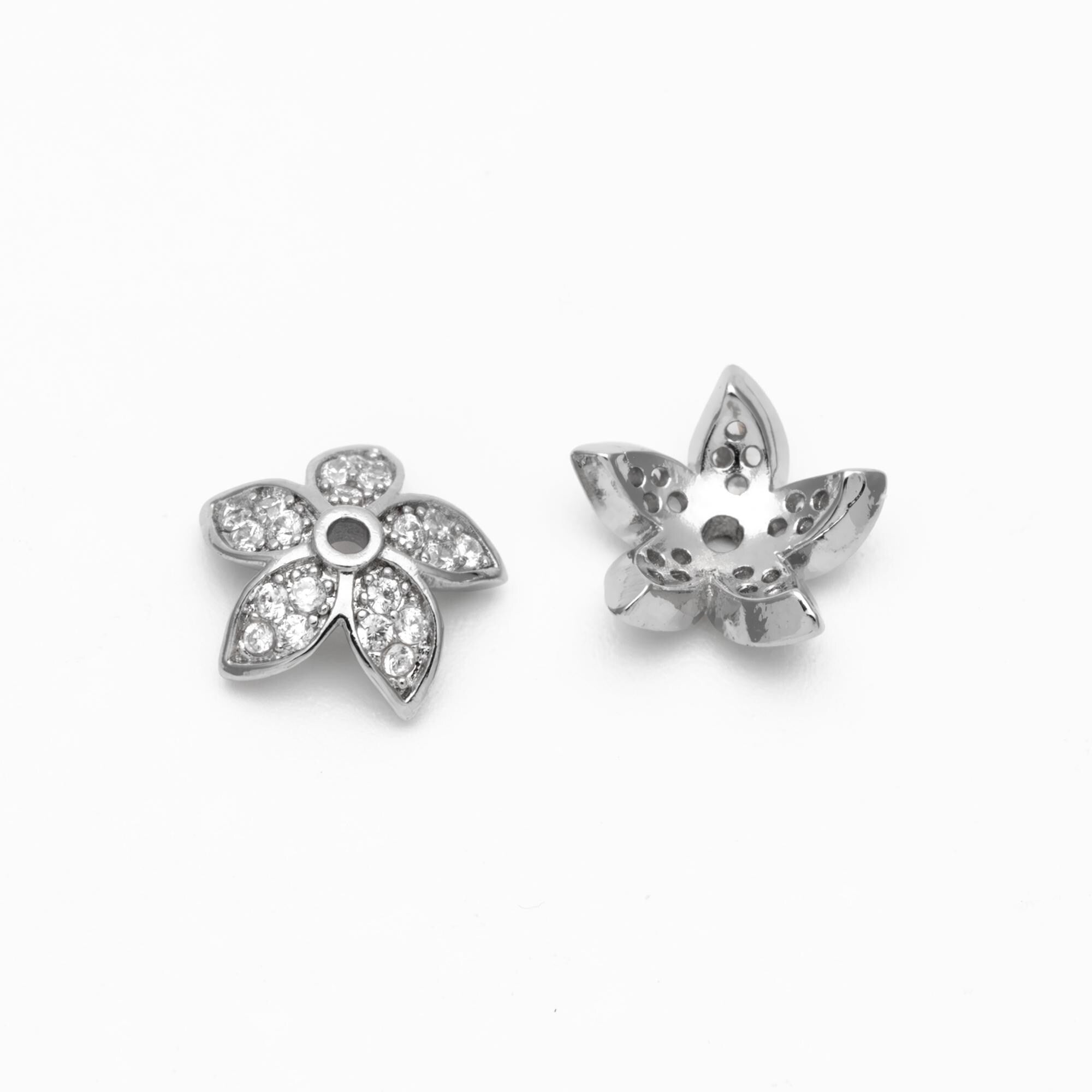 10pcs CZ Pave Gold/ Silver Flower Bead Caps 10mm, Real Gold/ Rhodium plated Brass, Lead Nickel Free (GB-4645)